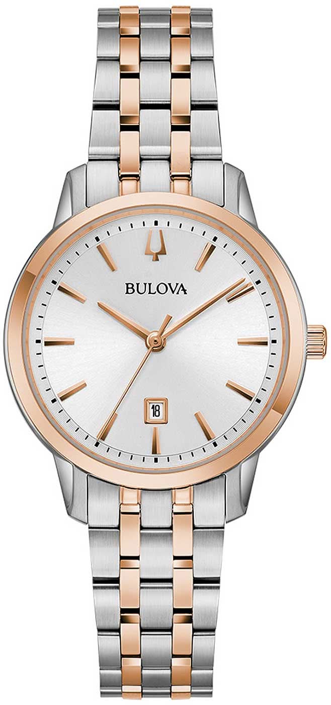 Bulova damklocka: vit urtavla, tvåfärgat armband i rostfritt stål, rund infattning