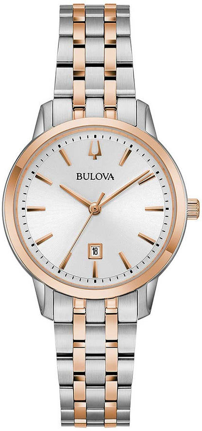 Bulova damklocka: vit urtavla, tvåfärgat armband i rostfritt stål, rund infattning