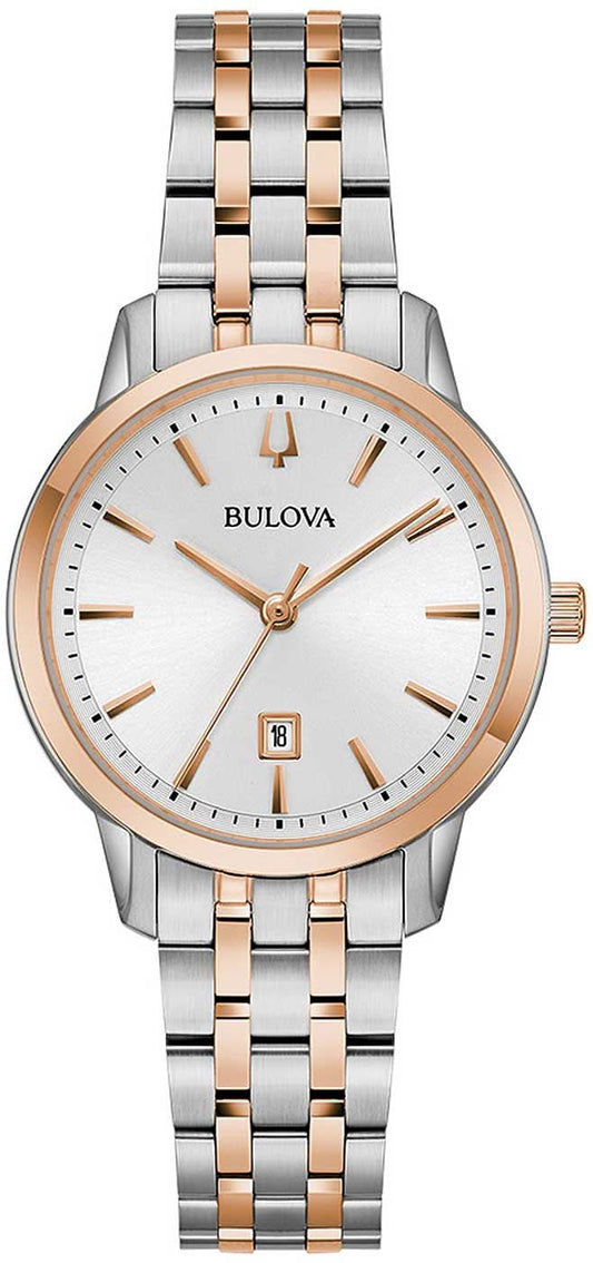 Bulova damklocka: vit urtavla, tvåfärgat armband i rostfritt stål, rund infattning