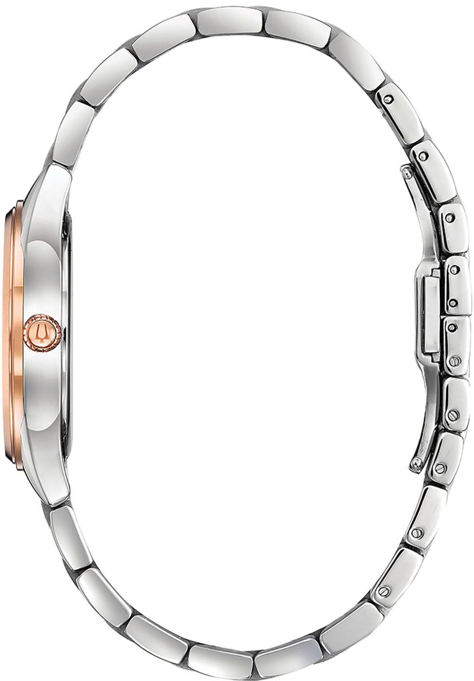 Damklocka i armband av rostfritt stål, synlig boettbaksida med roséguldpläterad krona