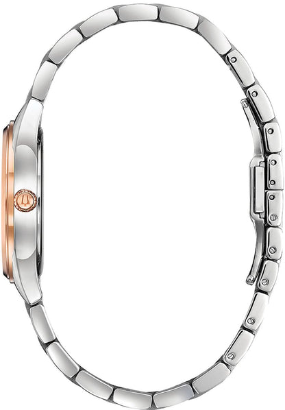 Damklocka i armband av rostfritt stål, synlig boettbaksida med roséguldpläterad krona