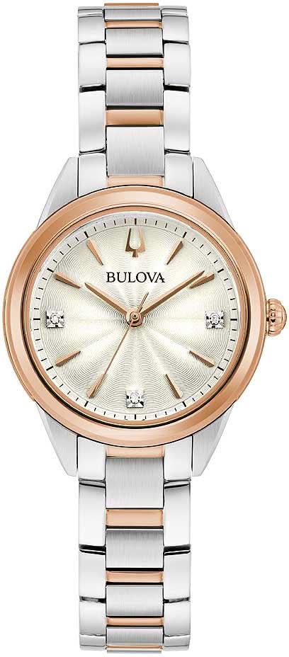 Bulova damklocka med tvåfärgat metallarmband, rund beige urtavla och tre diamanter