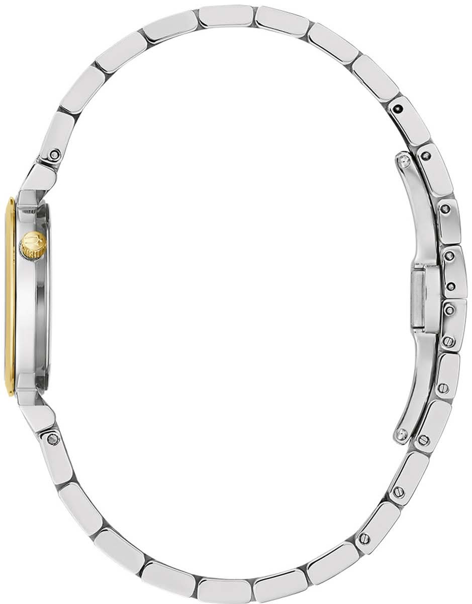 Sidovy av en tvåfärgad armbandsur med ett metalllänkband och boett i guld och silver