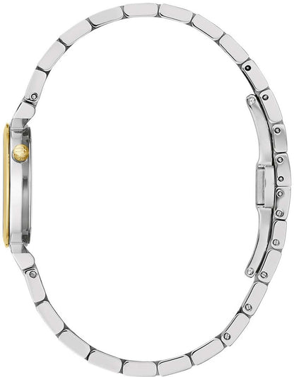 Sidovy av en tvåfärgad armbandsur med ett metalllänkband och boett i guld och silver
