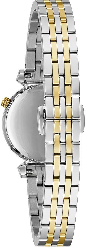 Armbandsur i två färger, sedd från sidan, med ett metallband i guld och silver samt ett runt urverk