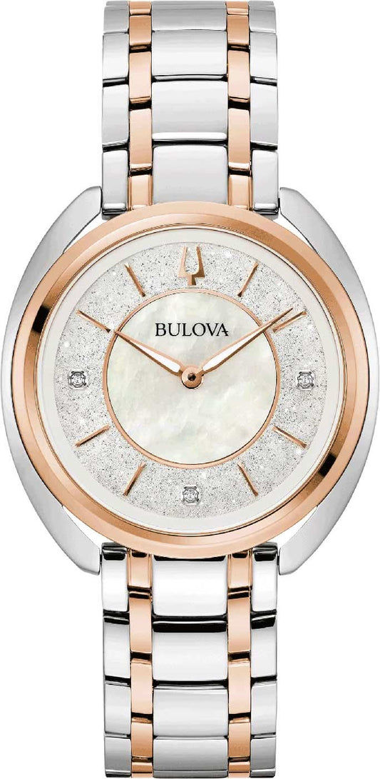 Bulova Damklocka: pärlemorurtavla, roséguldpläterad infattning, 3 diamantmarkörer