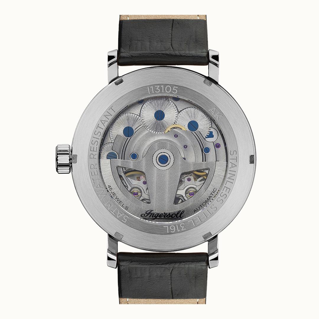 Ingersoll Herren-Armbanduhr Rückseite mit blauem Automatikwerk und schwarzem Lederband