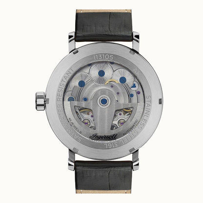 Ingersoll Herren-Armbanduhr Rückseite mit blauem Automatikwerk und schwarzem Lederband