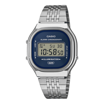 Silberne digitale Armbanduhr mit Metallarmband, blauem Zifferblatt und Beleuchtung
