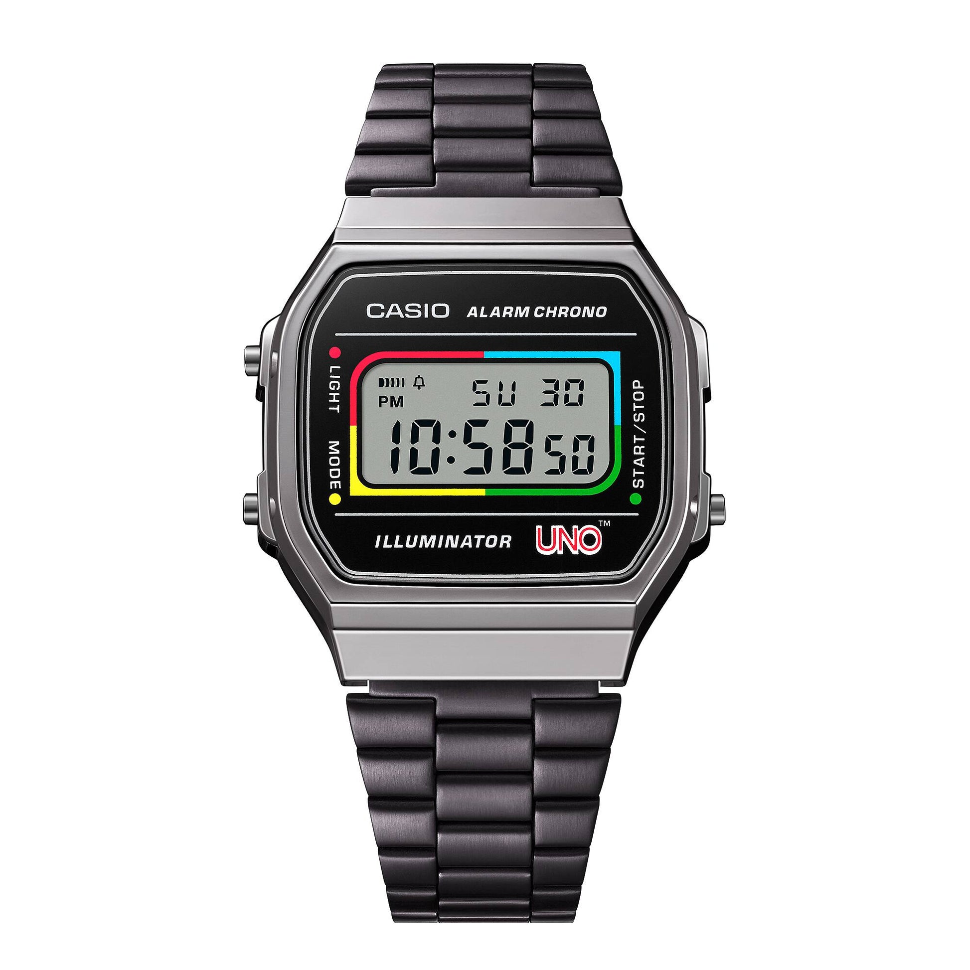 Armbanduhr mit schwarzem Metallarmband, digitales Zifferblatt mit UNO- und Alarm-Logo