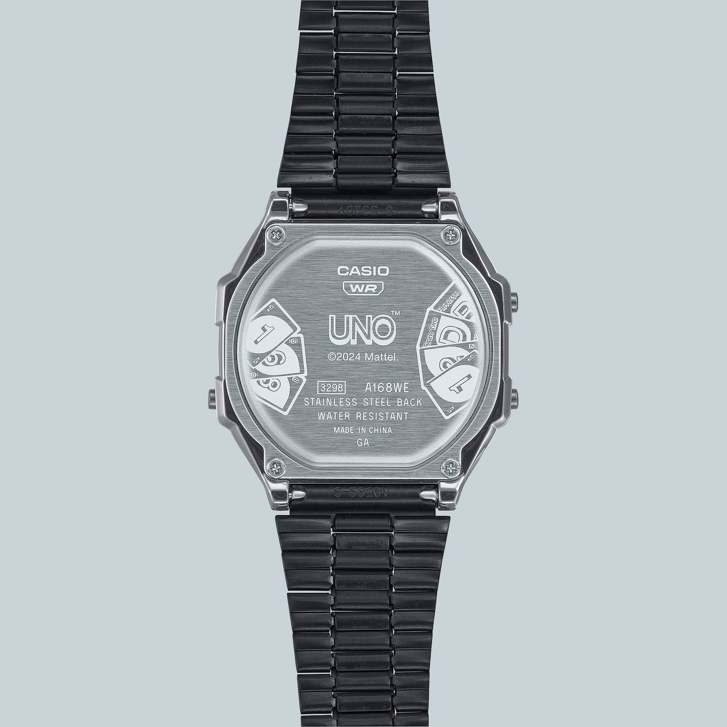 Casio A168WEUC-1AER Armbanduhr Rückseite mit Aufdruck, schwarzes Edelstahlband