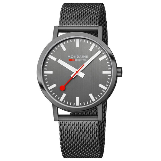 Mondaine herrklocka med grå urtavla, röda sekundvisare och svart mesh-armband