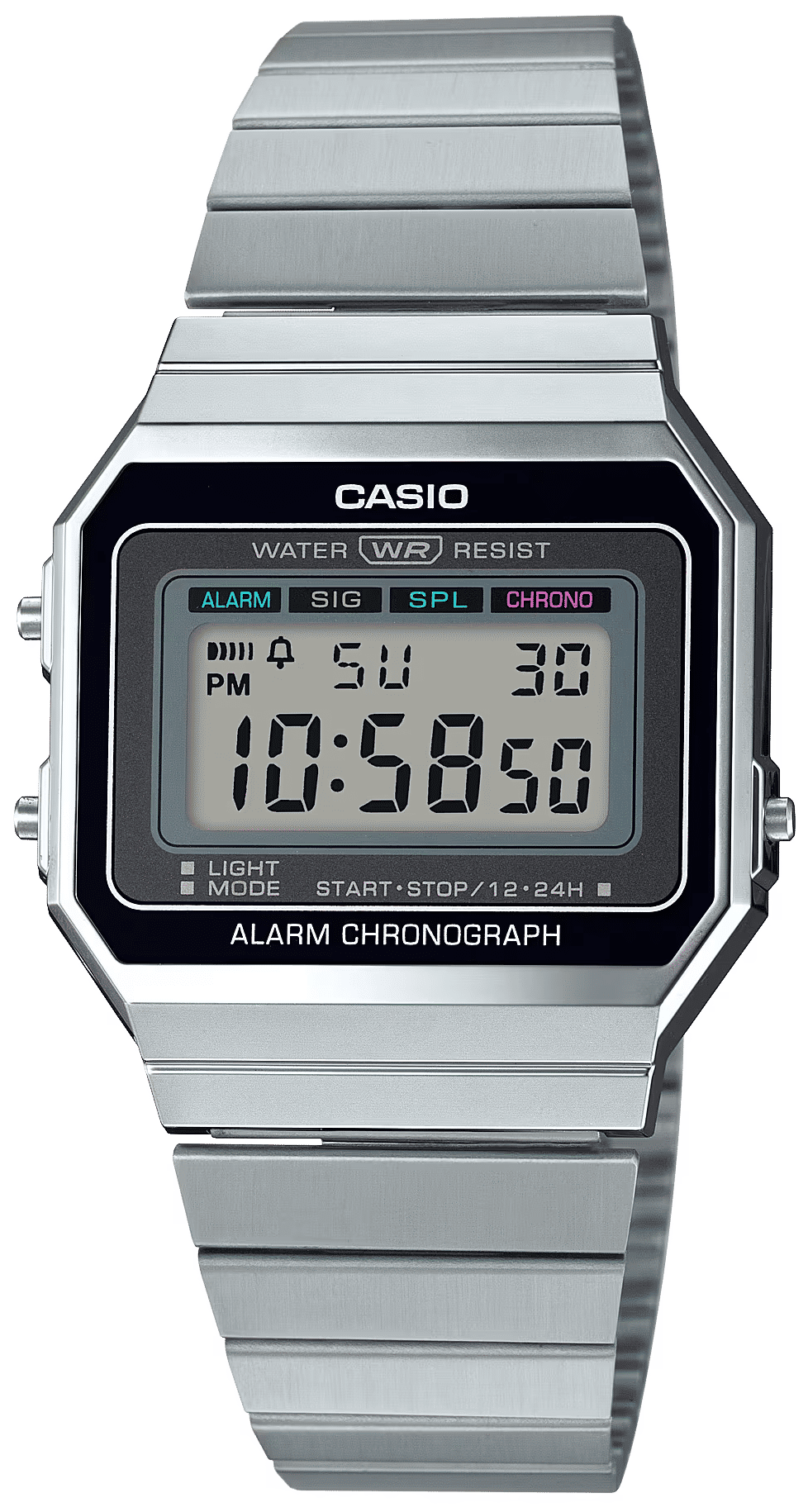Casio-klocka med silverfärgat metallarmband, svart LCD-skärm och digital display