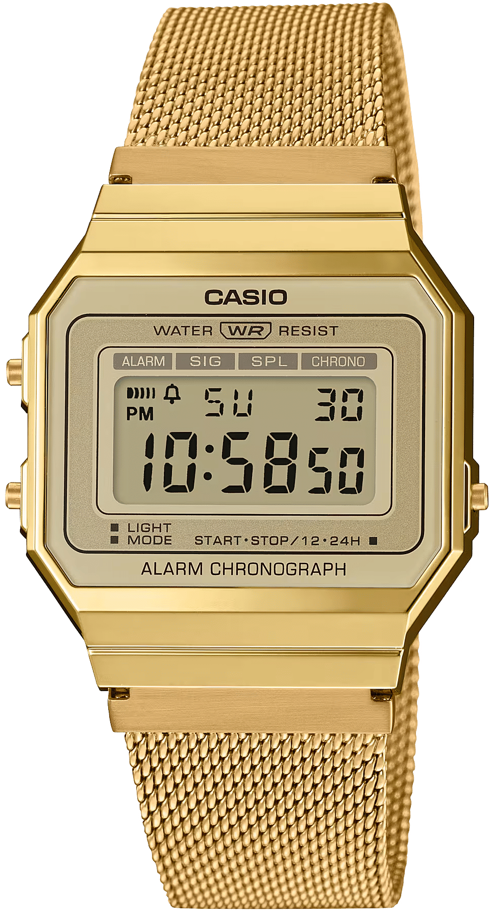Guldpläterad damklocka med meshband i rostfritt stål och åttkantig digital display, Casio