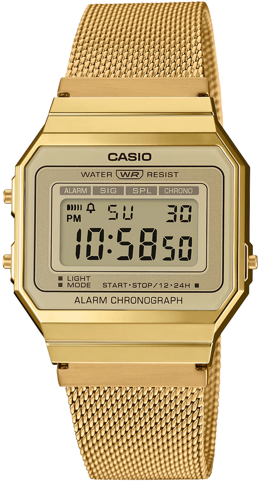 Guldpläterad damklocka med meshband i rostfritt stål och åttkantig digital display, Casio