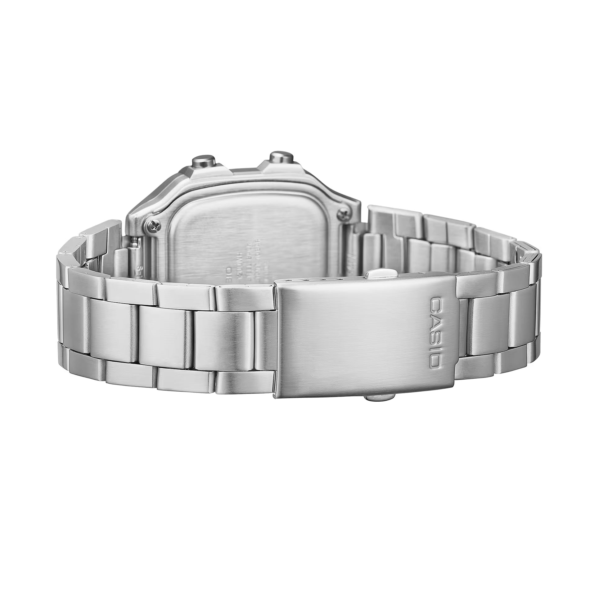 Herrarmbandsur baksida med armband och boett i rostfritt stål.