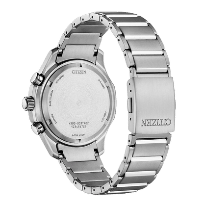 Citizen herrarmbandsur från sidan: metallarmband, krona och knappar