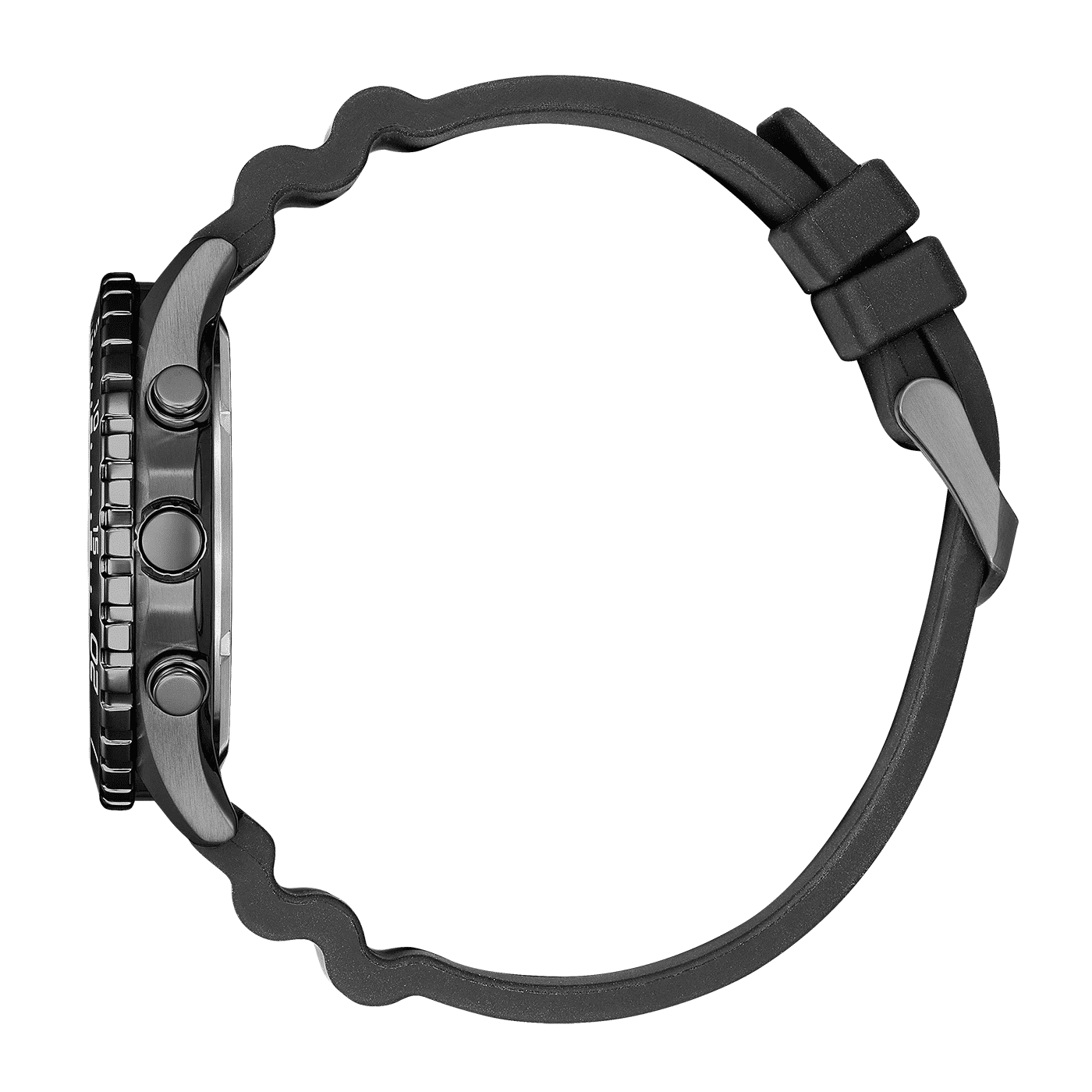 Herrklocka med svart armband och boett i rostfritt stål, sidovy med krona