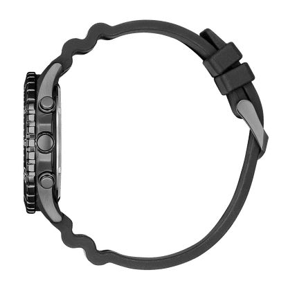 Herrklocka med svart armband och boett i rostfritt stål, sidovy med krona