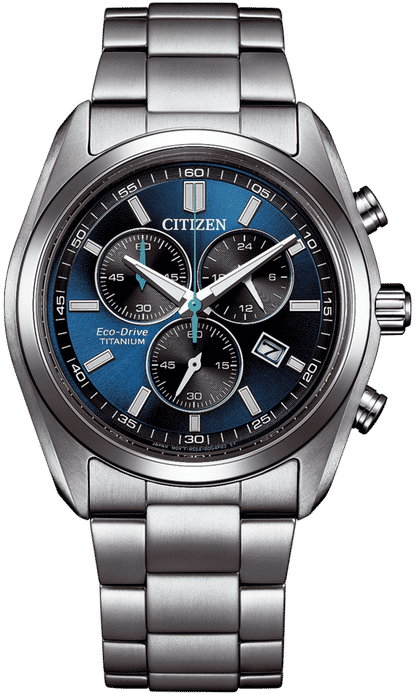 Citizen Super Titanium herrur med blå urtavla, kronograf-utseende och metallänk