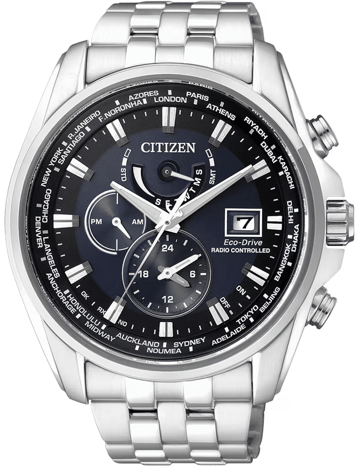 Herrenarmbanduhr mit silberfarbenem Edelstahlarmband, dunklem Zifferblatt und Datumsanzeige