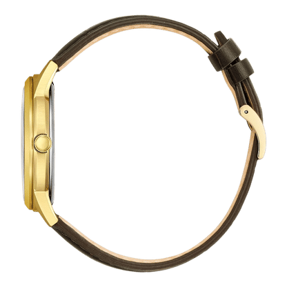 Herrklocka i profil: guldfärgat hölje och mörkbrunt läderarmband med stiftspänne
