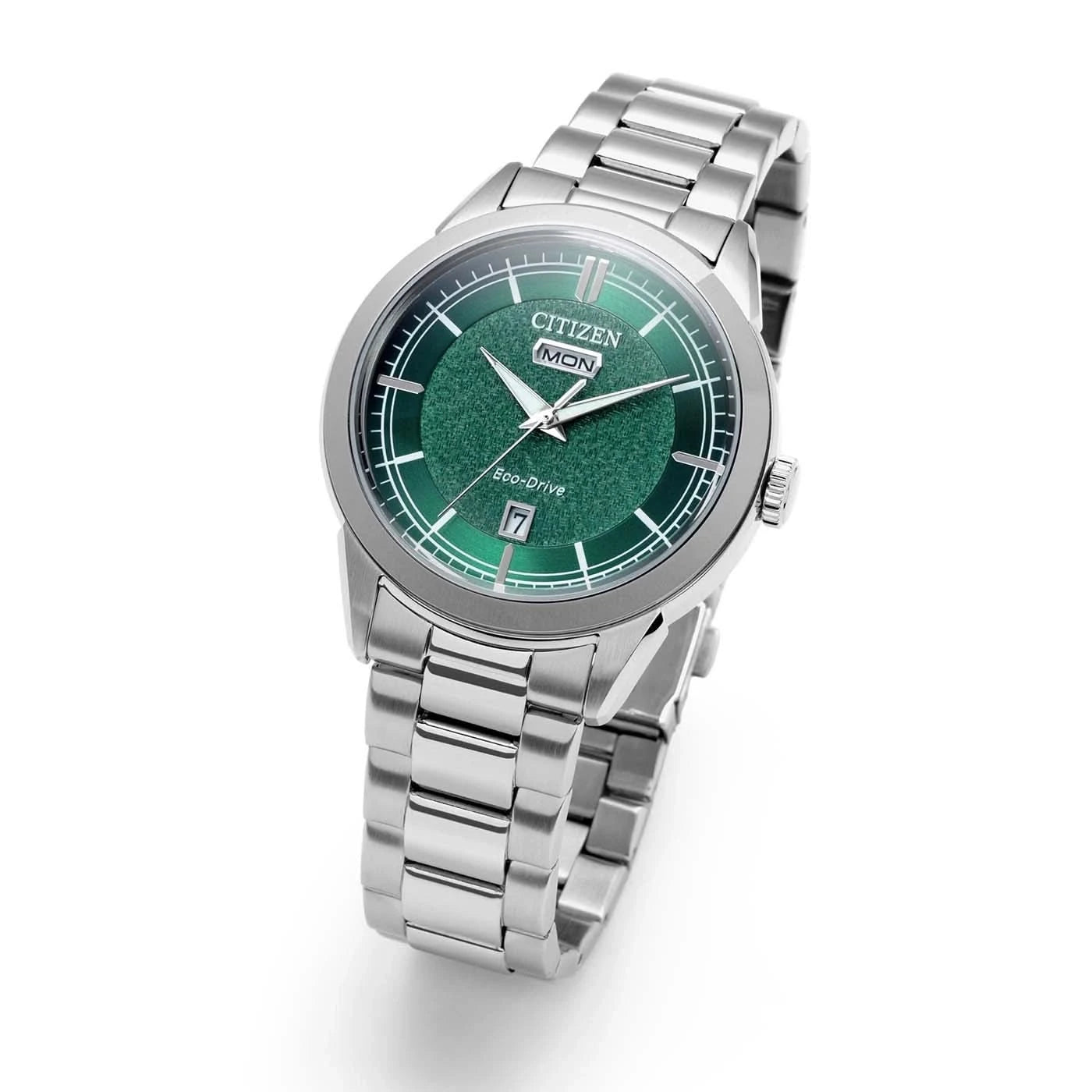 Citizen Eco-Drive herrklocka, sned: grön urtavla med index, silverfärgat metallarmband.