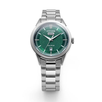 Citizen Eco-Drive herrklocka med grön urtavla, silverfärgade streckindex och visare.