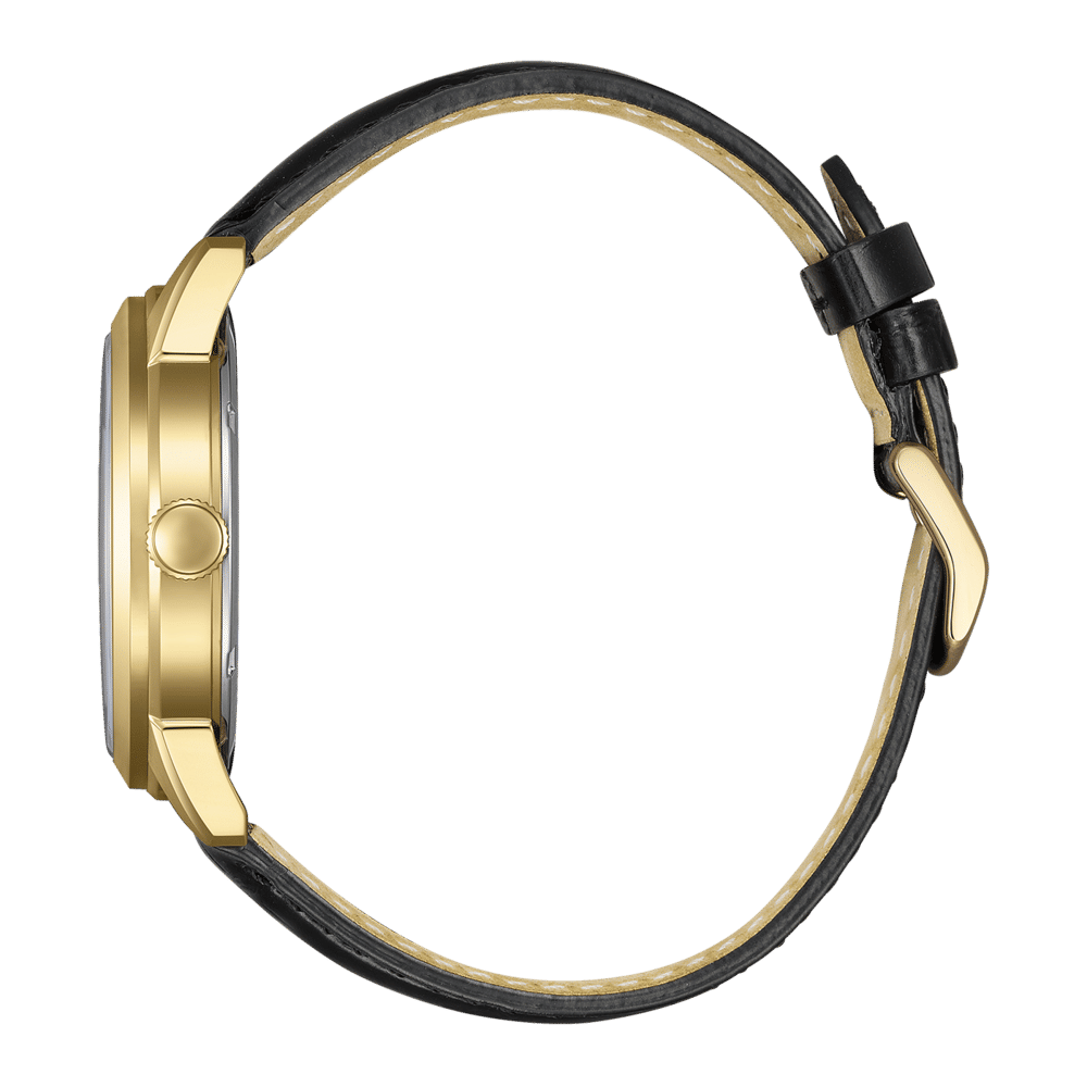 Sidoklocka för herrar: guldfärgad boettring, svart läderarmband