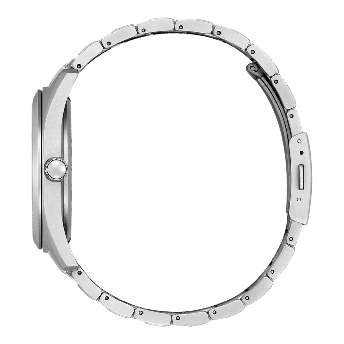 Herrarmbandsur med armband i silverfärgad titan, sidovy av boetten
