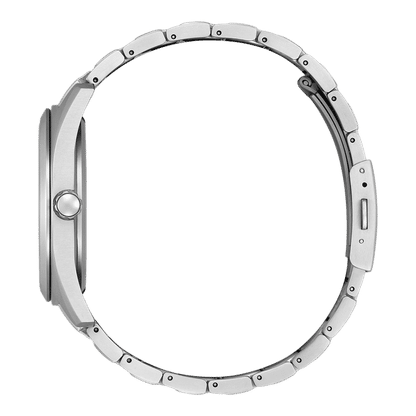 Herrarmbandsur med armband i silverfärgad titan, sidovy av boetten