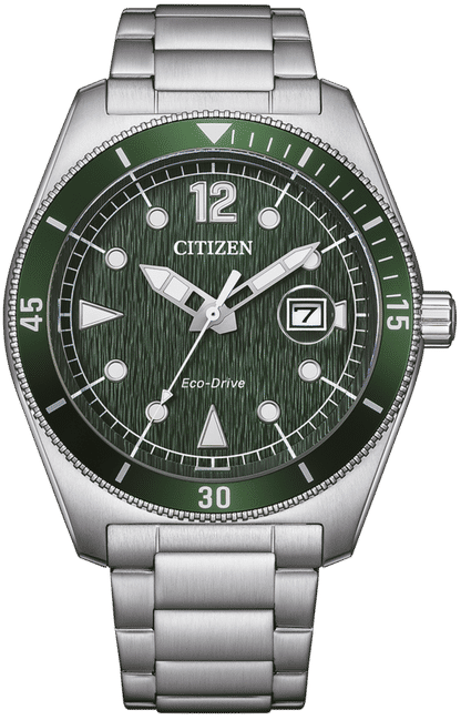 Herrklocka med grön urtavla, CITIZEN-logotyp, armband i silverfärgad metall
