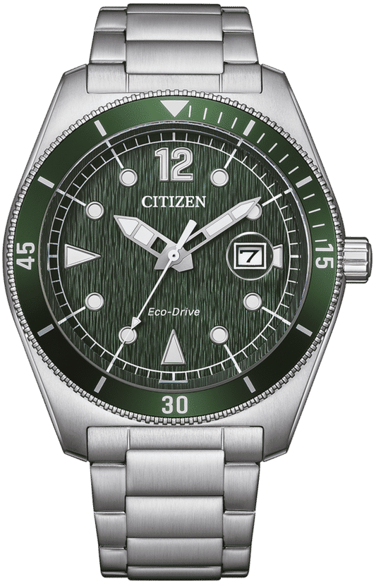 Herrklocka med grön urtavla, CITIZEN-logotyp, armband i silverfärgad metall
