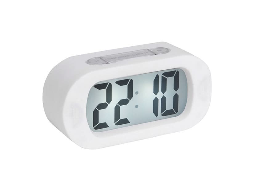 Väckarklocka med digital display, vit, visar 22:10