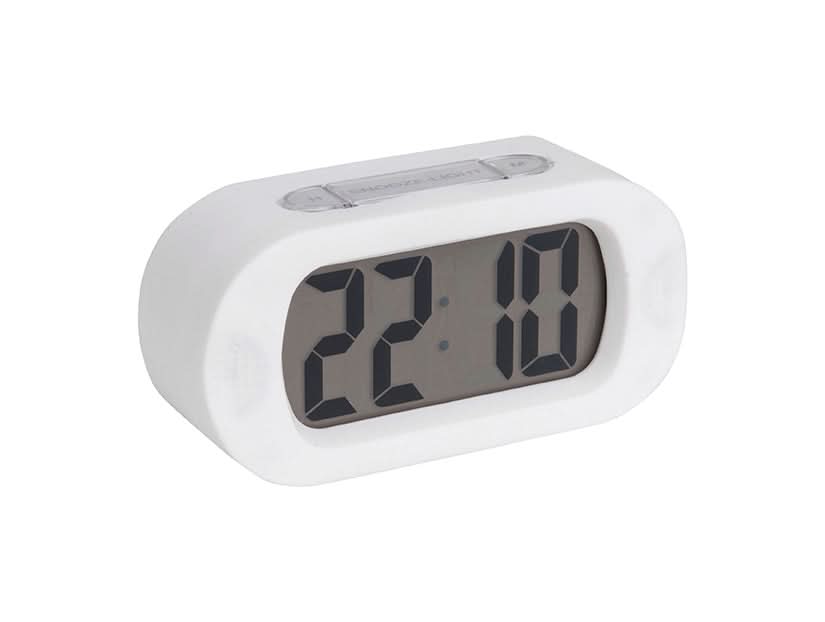 Väckarklocka med digital display, vit, visar 22:00
