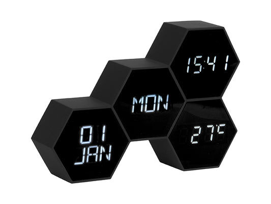Sexkantig LED-väckarklocka i svart med tre digitala displayer