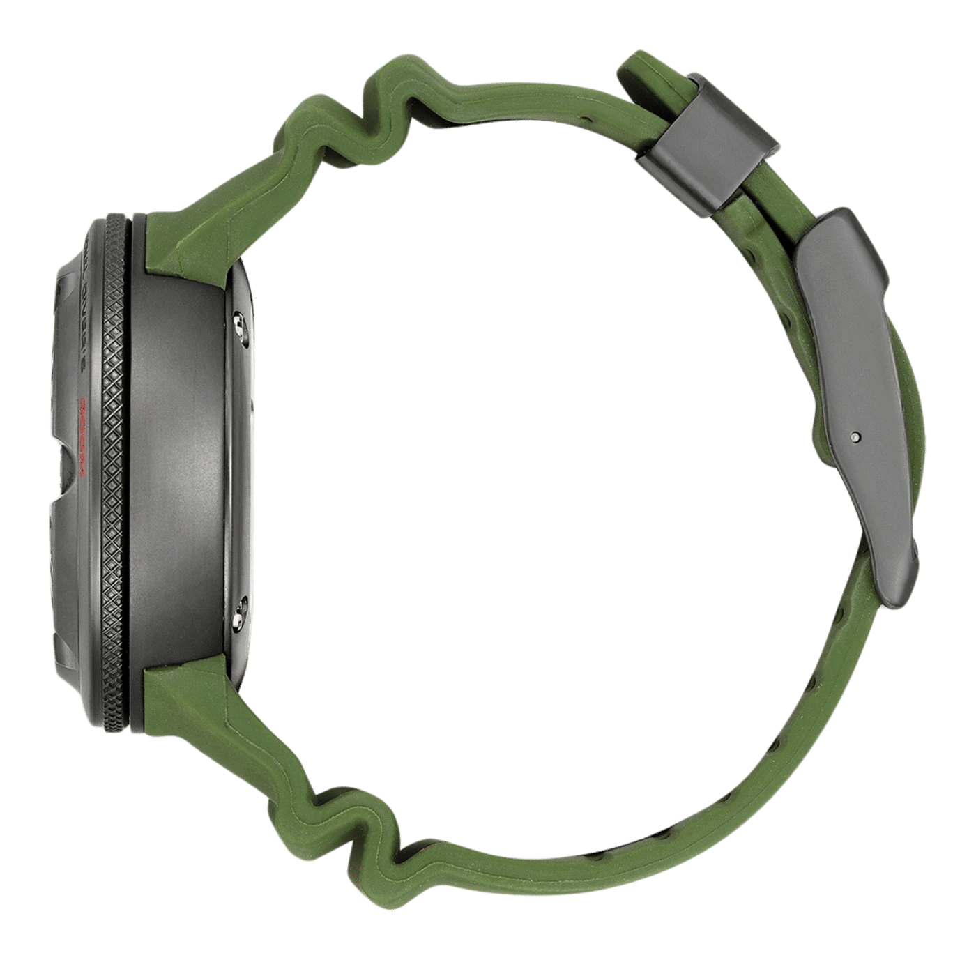 Herrklocka från sidan: grått hölje och grönt gummiarmband med spänne