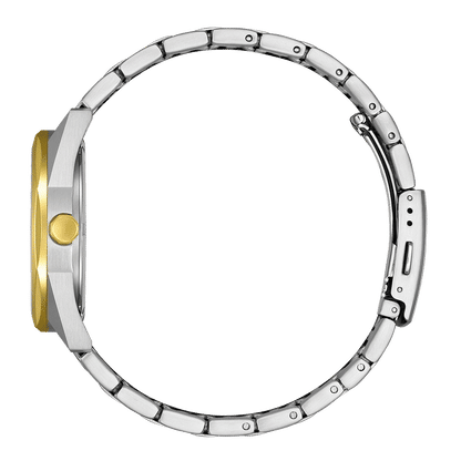 Herrklocka sidovy med silverfärgat hölje, guldfärgad accent och armband i metall