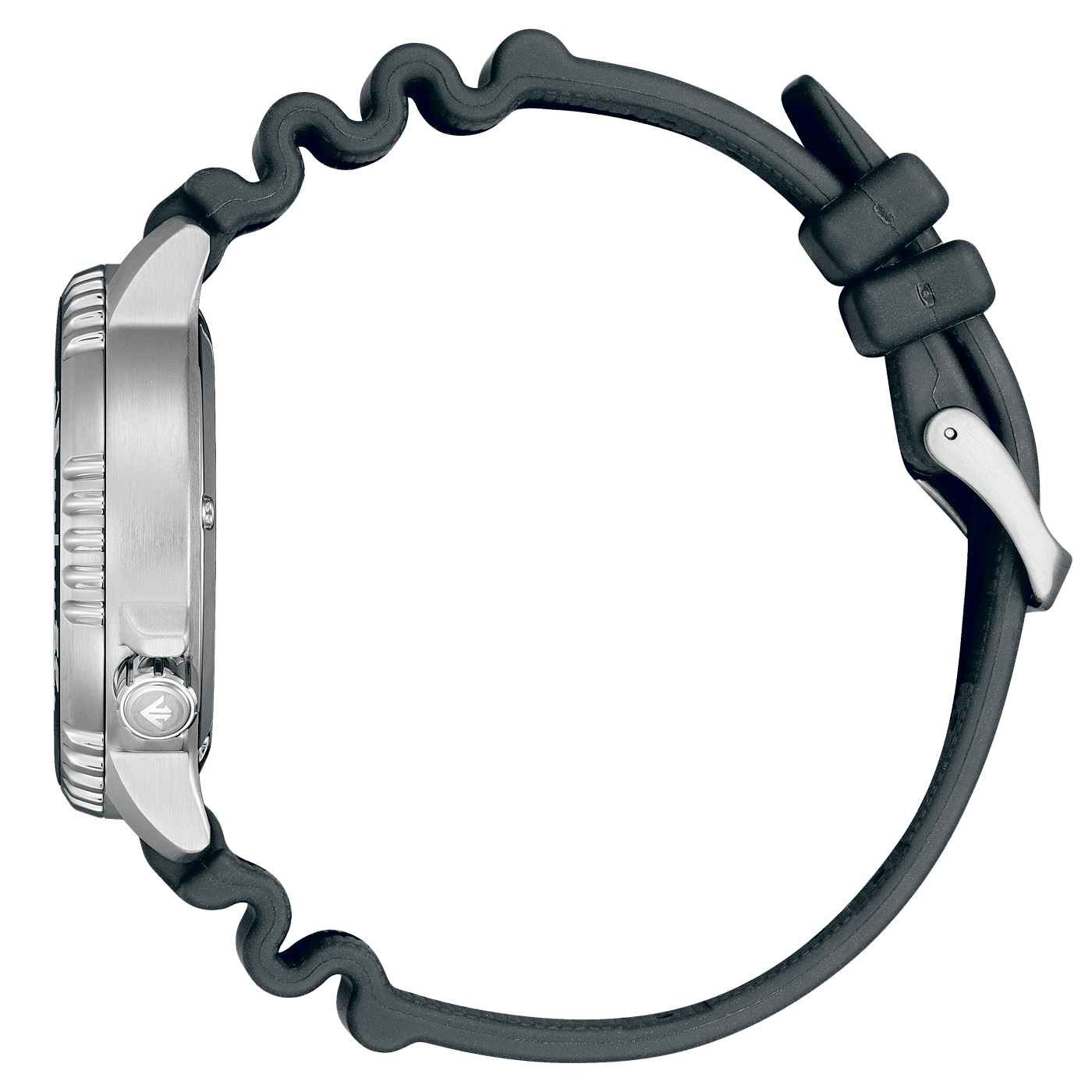 Citizen Promaster Armbanduhr seitlich: Stahlausführung mit dunklem Silikonarmband
