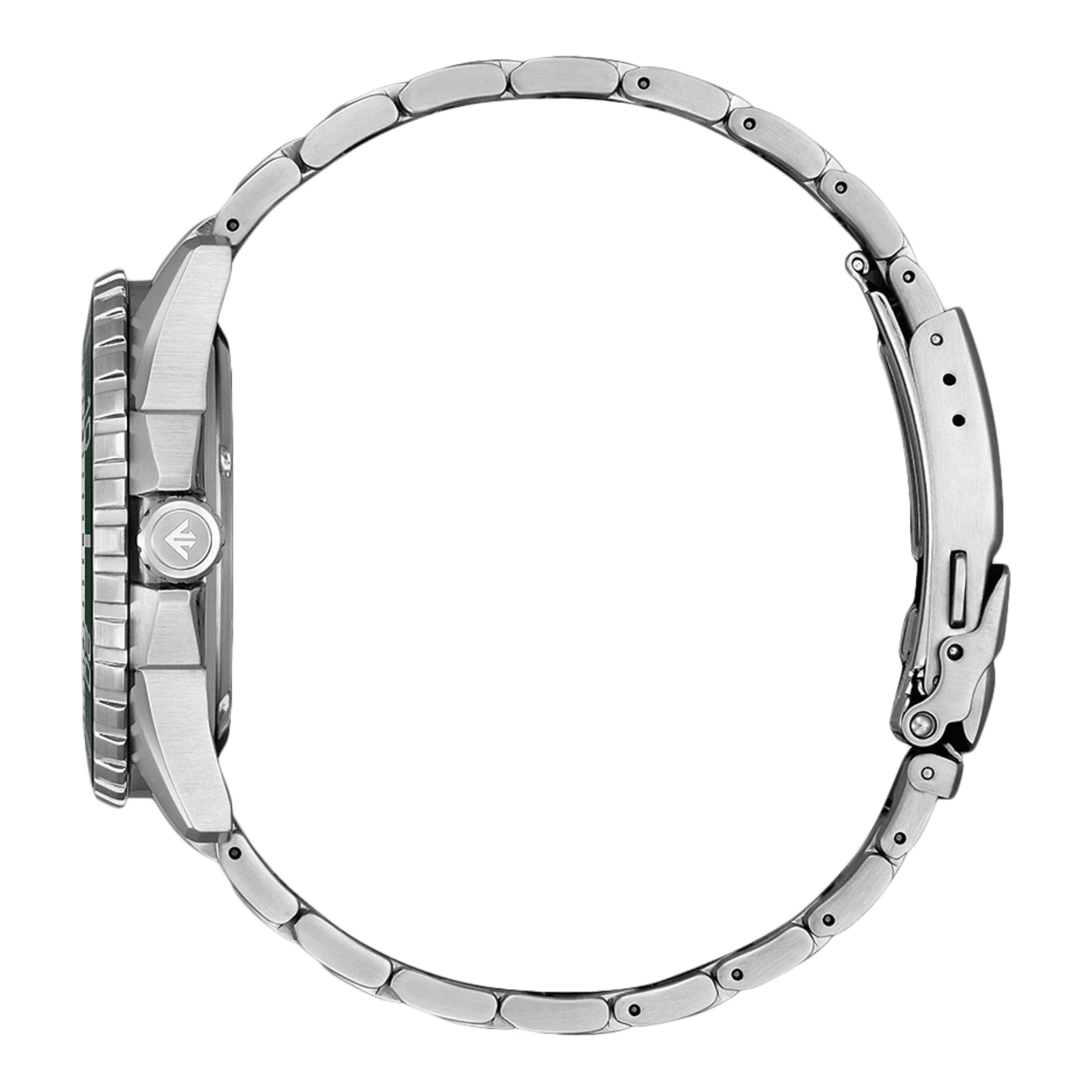 Herrklocka i sidoprofil med boett i rostfritt stål, krona och armband i rostfritt stål