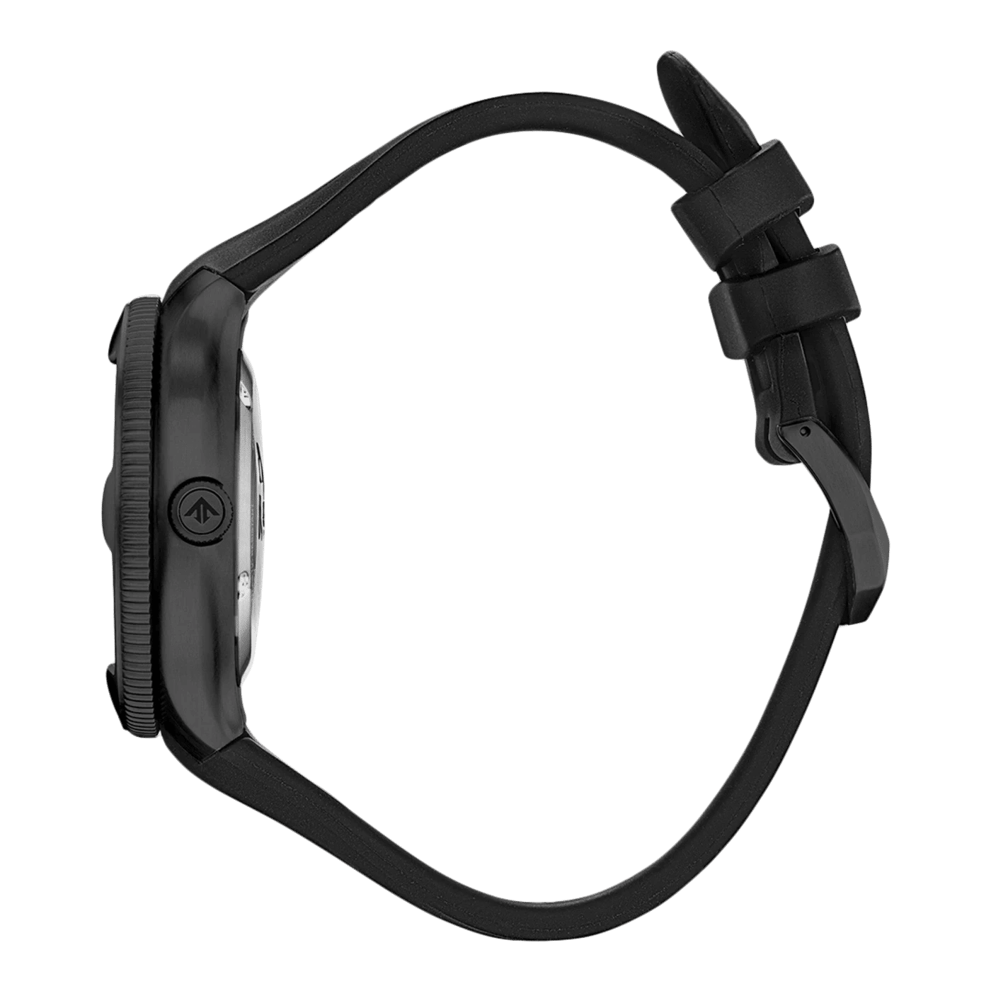 Armbandsur med svart gummiband och boettkant, sidovy
