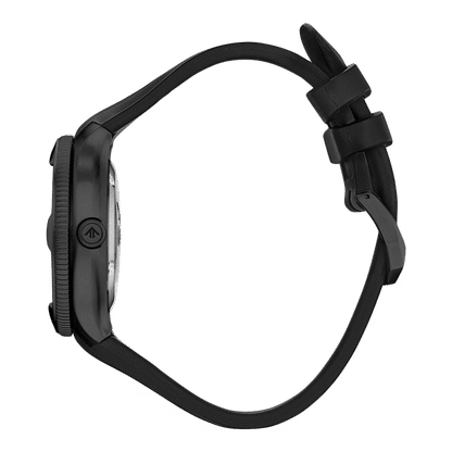 Armbandsur med svart gummiband och boettkant, sidovy