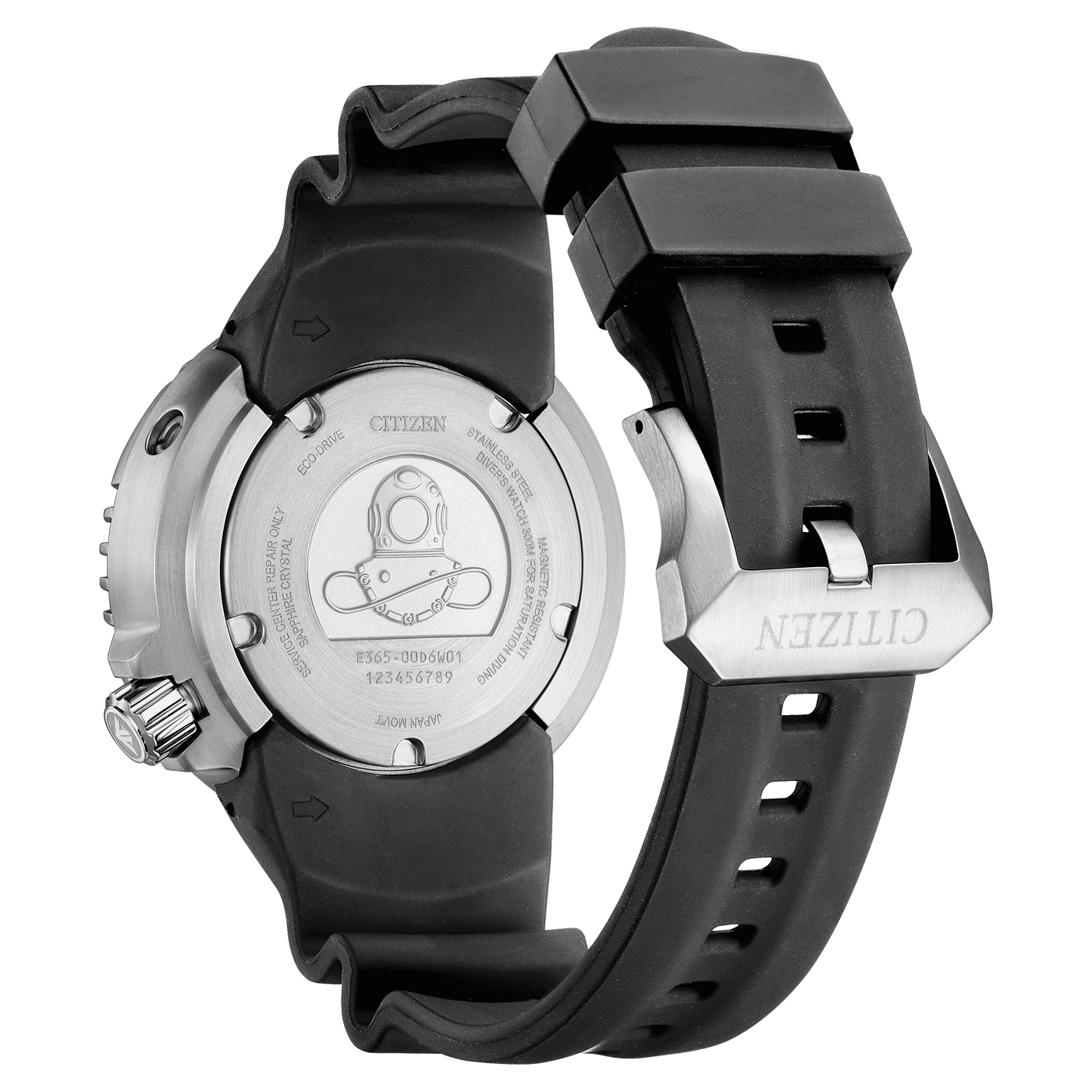 Rückansicht der Taucheruhr mit Gehäuseboden und schwarzem Kautschukband