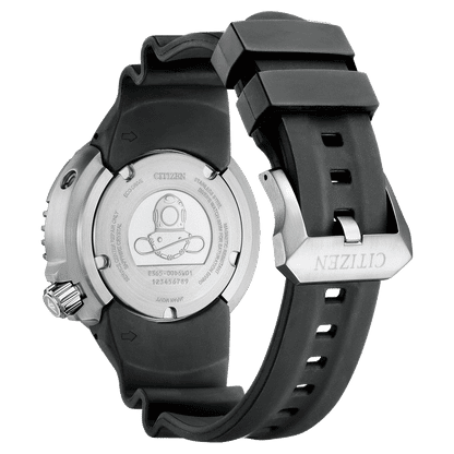Rückansicht der Taucheruhr mit Gehäuseboden und schwarzem Kautschukband