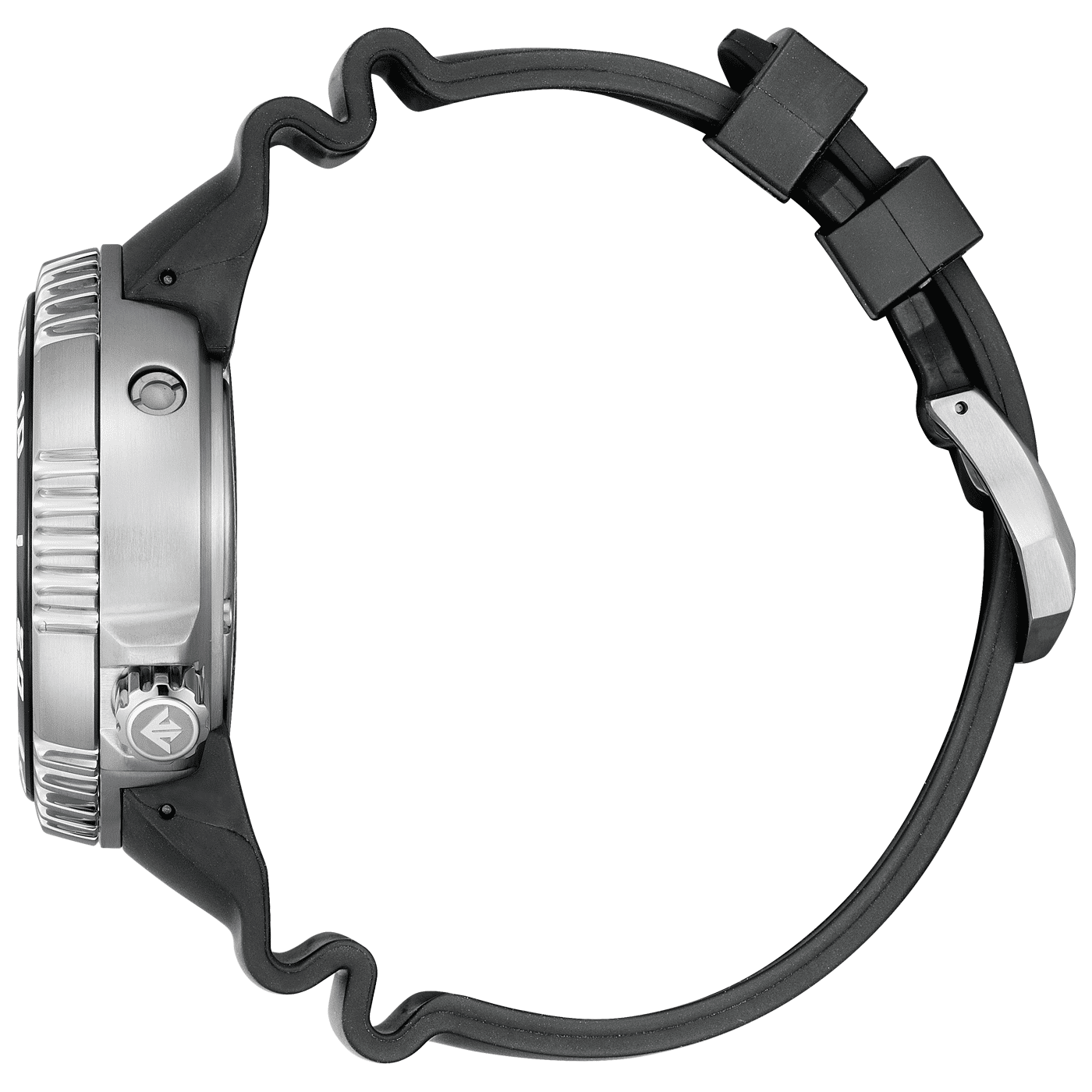 Herrenarmbanduhr, Seitenansicht mit schwarzem Silikonband und Faltschließe