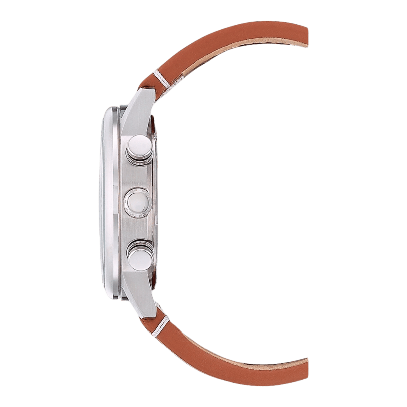 Kronografklocka med silverfärgat hölje och brunt läderarmband, sidovy