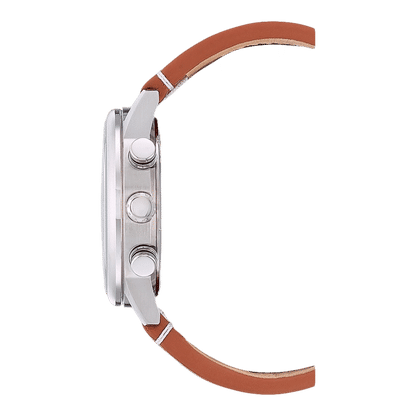 Kronografklocka med silverfärgat hölje och brunt läderarmband, sidovy