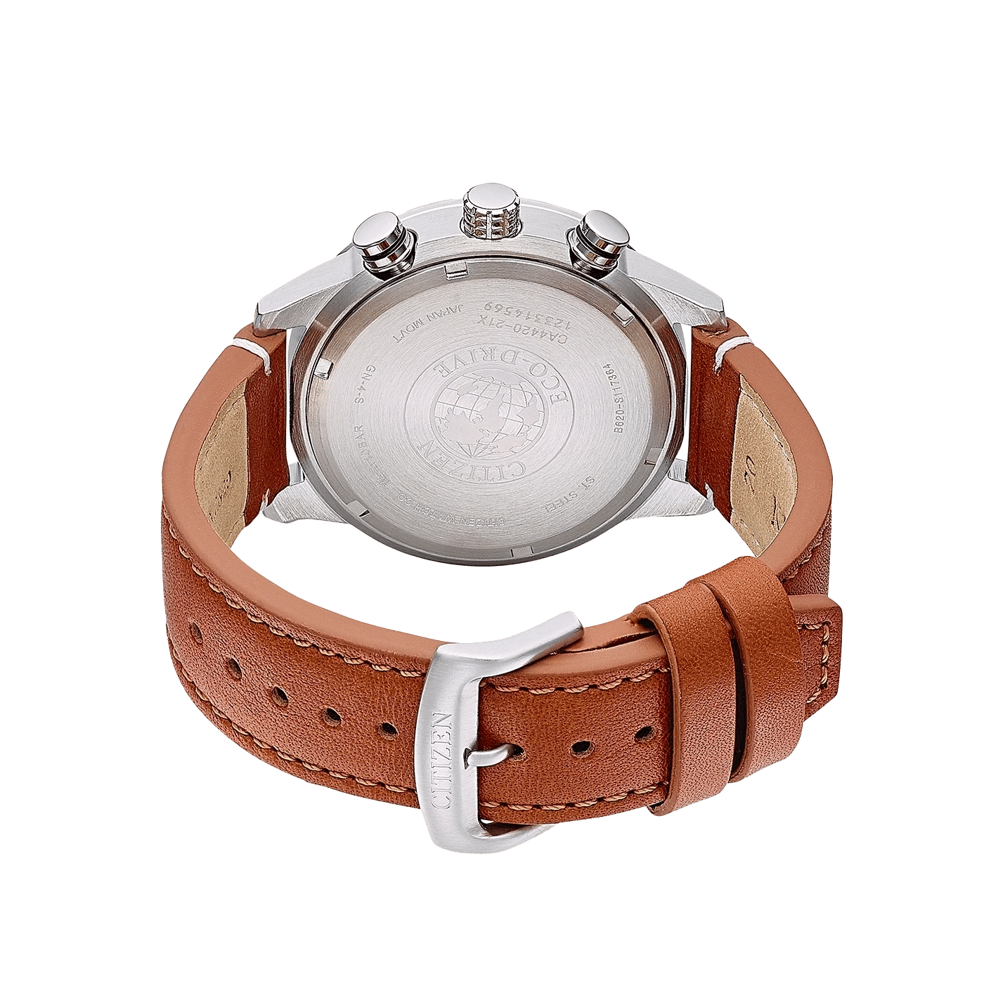 Baksida på kronografklocka med silverfärgat boettlock och brunt läderarmband