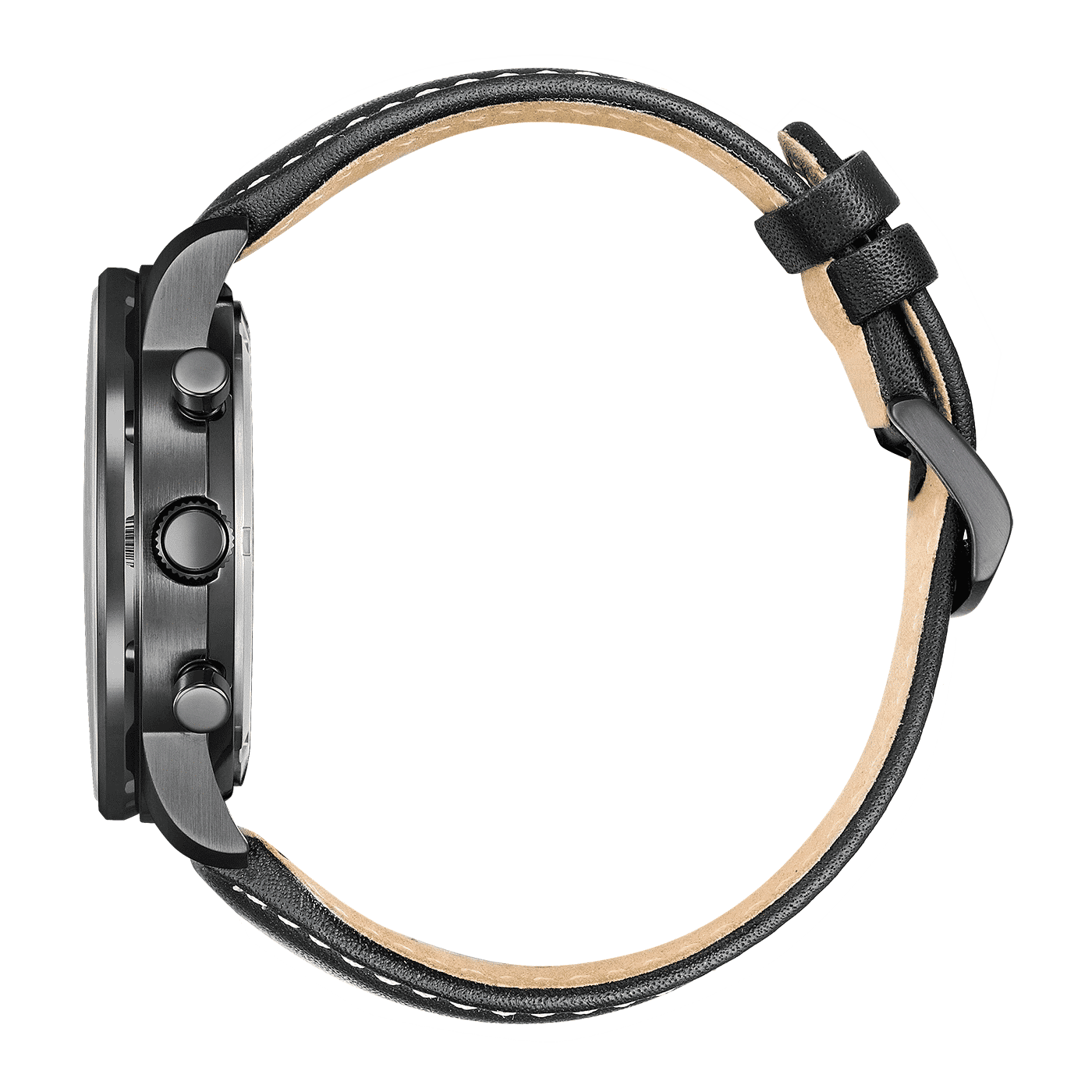 Herrklocka med svart läderarmband, stiftspänne och knappar på sidan