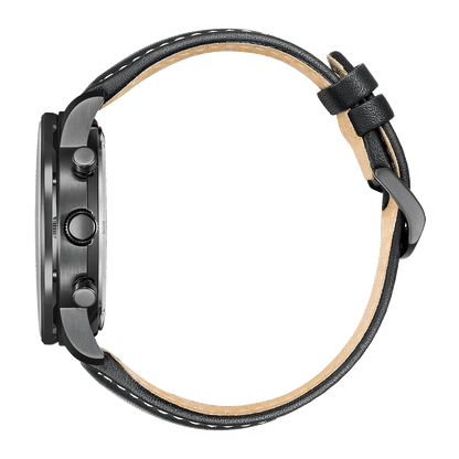 Herrklocka med svart läderarmband, stiftspänne och knappar på sidan